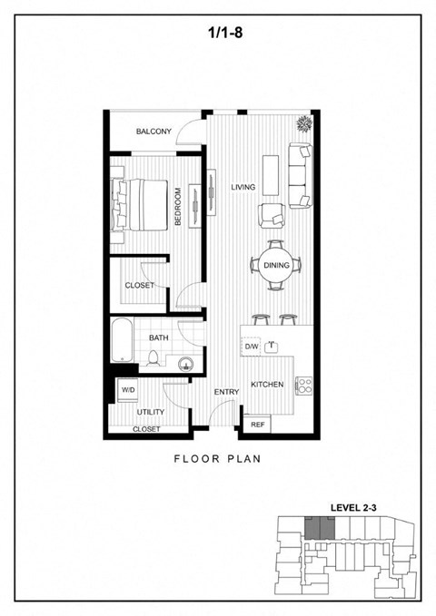 Floor plan for 1 bed, 1 bath, 775 sqft